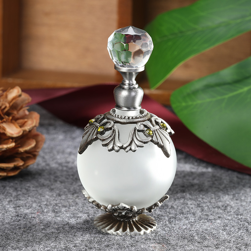 Perfume Fragrance Holder - โลหะเงินโบราณขวดน้ําหอมแก้ว 25ml เติม Frost รอบสีเขียวมะกอก Rhinestone