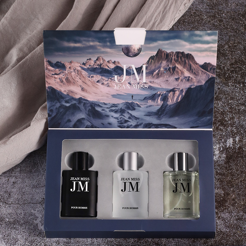Perfume Fragrances - ชุดของขวัญน้ำหอมสำหรับผู้ชาย 3 ชิ้น, ขวดทรงสี่เหลี่ยมลายนูน, ชุดตัวอย่างน้ำหอมกลิ่นไม้และน้ำ, สเปรย์น้ำหอมหลากสีดำ